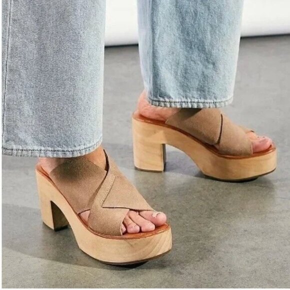 Free People Kora Platform Clog Open Toe Sandals Shoes Suede Wood Block Heel 9 - Picture 1 of 11
